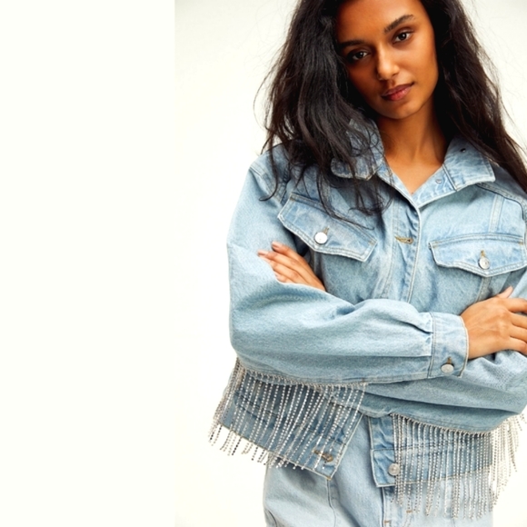LAST ONE! Free People Rhinestone Fringe Denim Bomber Jacket Meteor Wash - Picture 12 of 15